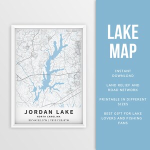 Mappa stampabile del lago Jordan, Carolina del Nord, Stati Uniti - Download istantaneo \ Mappa del lago \ Poster della mappa \ Arredamento della casa sul lago \ LakeLife \ Pesca \ Canottaggio