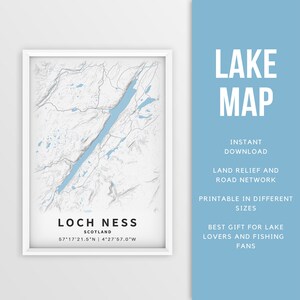Mapa imprimible del lago Ness, Escocia, Reino Unido - Descarga instantánea \ Mapa del lago \ Cartel del mapa \ Decoración de la casa del lago \ LakeLife \ Pesca \ Paseos en bote