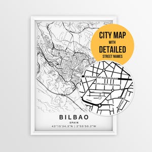 Peut inclure: Une carte en noir et blanc encadrée de Bilbao, en Espagne, montrant des rues détaillées et des coordonnées. Un encart circulaire met en évidence des noms de rues, avec un cercle jaune portant le texte CITY MAP WITH DETAILED STREET NAMES.