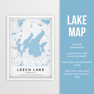 Mappa stampabile di Leech Lake, Minnesota, Stati Uniti - Download istantaneo \ Mappa del lago \ Poster della mappa \ Lake House Decor \ LakeLife \ Pesca \ Canottaggio