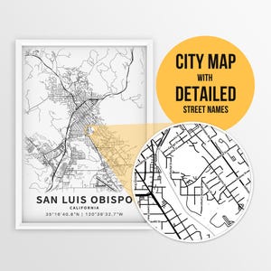 Carte imprimable de San Luis Obispo, Californie, États-Unis avec les noms des rues - téléchargement immédiat \ plan de la ville \ cadeau de voyage \ affiche de la ville \ carte routière