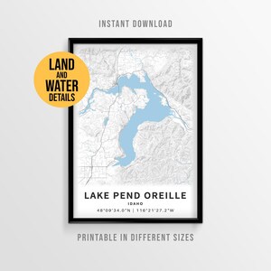 Lake Pend Oreille Map Poster, Printable Idaho Lake House Decor (Instant Download)