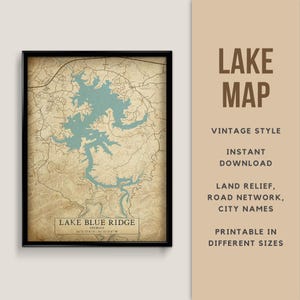 Mapa de estilo vintage del lago Blue Ridge, Georgia, EE. UU. con nombres de ciudades - Descarga instantánea \ Mapa del lago \ Arte de la pared \ Impresión de mapas \ Póster de Georgia