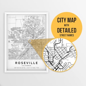 Printable Map of Roseville, California, USA with Street Names Instant Download City Map Travel Gift City Poster Road Map Print image 1