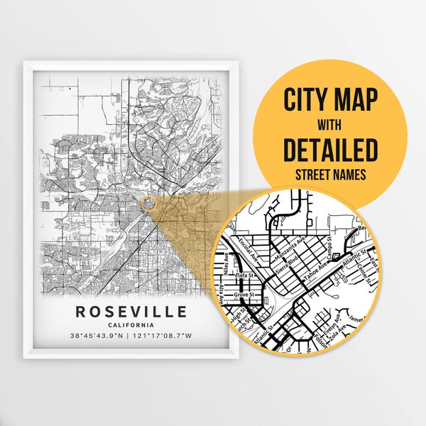 Printable Map of Roseville, California, USA with Street Names - Instant Download \ City Map \ Travel Gift \ City Poster \ Road Map Print