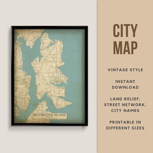 Afdrukbare vintage stijl kaart van Bainbridge Island, Washington - Instant Download \ Stratenplan \ Kaart Poster \ Antieke stijl \ Kaart afdrukken