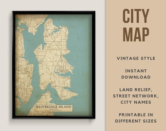Vintage Stil Karte von Bainbrückes Island, Washington - Instant Download Landkarte Landkarte Karte Poster Karte Drucken Karte Poster