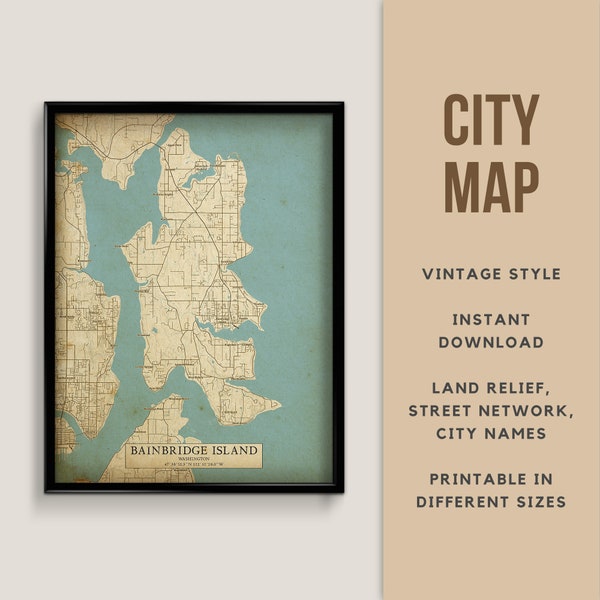 Printable Vintage Style Map of Bainbridge Island, Washington - Instant Download \ Street Map \ Map Poster \ Antique Style \ Map Print