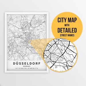 Druckbare Karte von Düsseldorf, Deutschland mit Straßennamen - Sofort Download \ City Map \ Travel Gift \ City Poster \ Road Map Print \ Wall Art