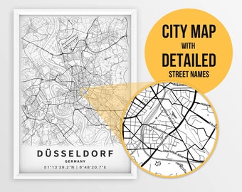 Afdrukbare kaart van Düsseldorf, Duitsland met straatnamen - Instant Download \ Stadsplattegrond \ Reiscadeau \ Stadsposter \ Routekaart afdrukken \ Muurkunst