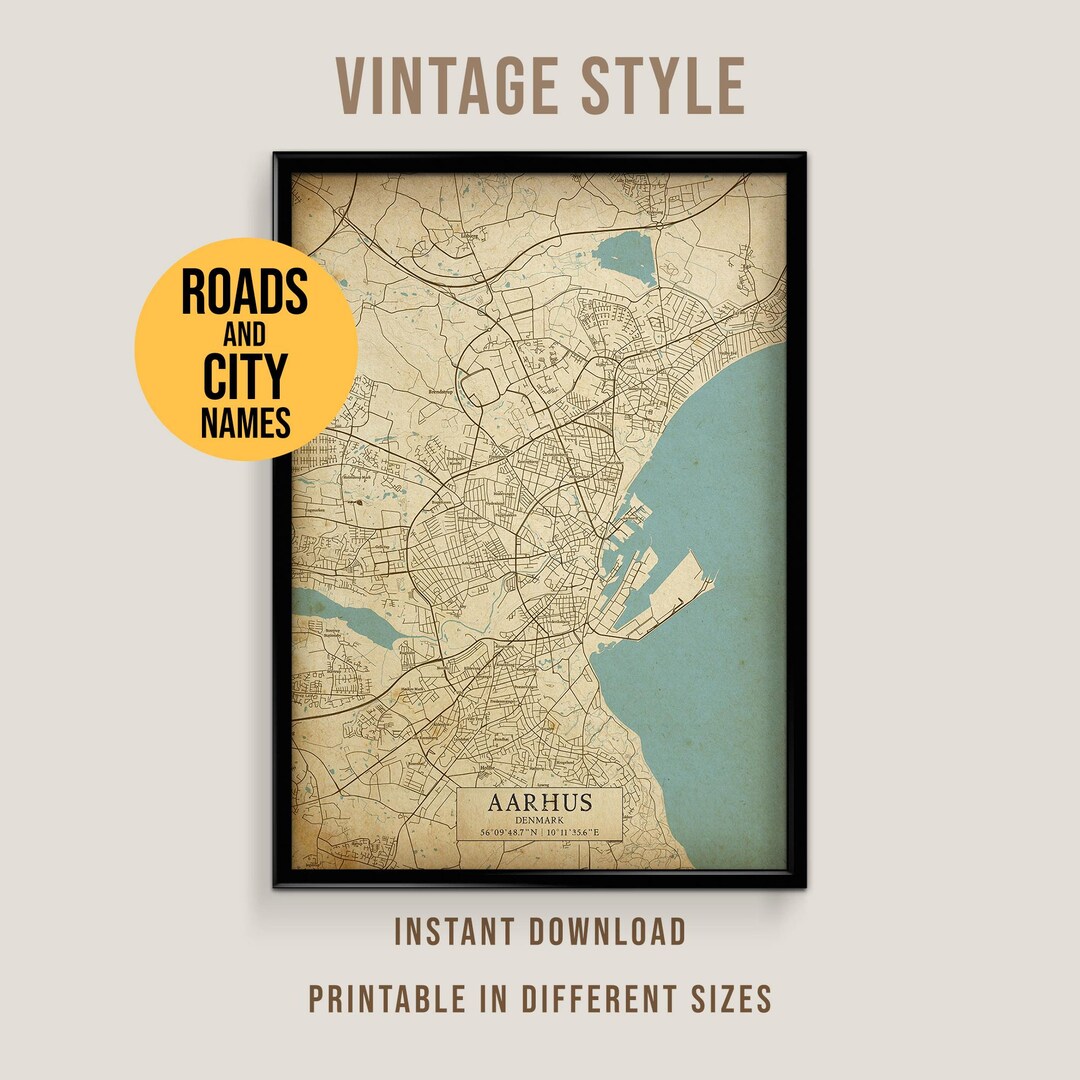 Aarhus, Denmark Vintage Style Map, Printable Aarhus City Poster ...