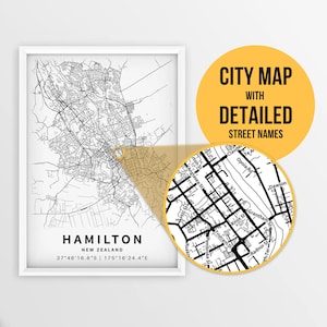 Druckbare Karte von Hamilton, Neuseeland mit Straßennamen - Sofort Download \ City Map \ Travel Gift \ City Poster \ Road Map Print