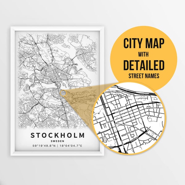 Printable Map of Stockholm, Sweden with Street Names - Instant Download \ City Map \ Travel Gift \ City Poster \ Road Map Print \ Wall Art