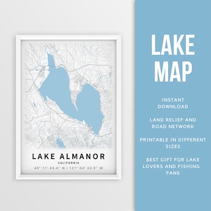 Mapa imprimible del lago Almanor, California, EE. UU. - Descarga instantánea \ Mapa del lago \ Cartel del mapa \ Decoración de la casa del lago \ LakeLife \ Pesca \ Paseos en bote
