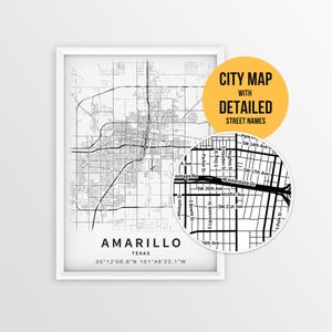 May include: A framed black and white city map of Amarillo, Texas, with detailed street names. A yellow circle graphic highlights the map's features. The city's name and coordinates are printed at the bottom.