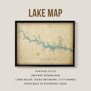 Mapa em estilo vintage do Lago Gaston, Carolina do Norte - Virgínia, EUA com nomes de cidades - Download instantâneo \ Mapa do lago \ Arte de parede \ Pôster para impressão