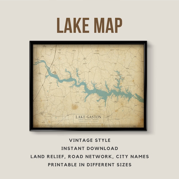 Vintage Style Map of Lake Gaston, North Carolina - Virginia, USA with City names - Instant Download \ Lake Map \ Wall Art \ Printable Poster