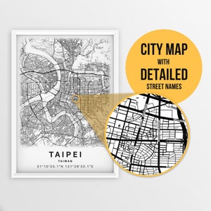 Printable Map of Taipei, Taiwan with Street Names - Instant Download \ City Map \ Travel Gift \ City Poster \ Road Map Print \ Street Map