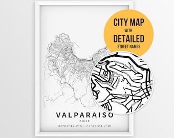 Valparaiso Chile Map with Street Names, Printable Valparaiso City Poster (Instant Download)