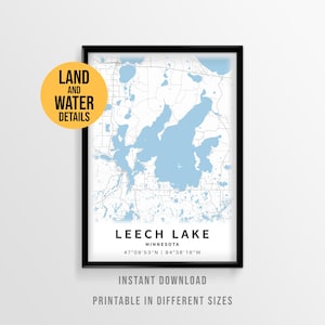 Póster del mapa del lago Leech, decoración imprimible para casa en el lago de Minnesota (descarga instantánea)