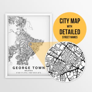 Druckbare Karte von George Town, Malaysia mit Straßennamen - sofortiger Download ~ Karte ~ Karte ~ Strassenkarte ~ Penang