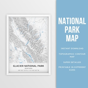 Carte imprimable du parc national des Glaciers, affiche de la topographie du Montana - téléchargement immédiat \ carte des contours \ affiche de carte \ sentier de randonnée \ carte des glaciers