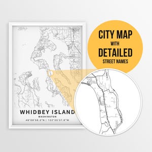 Afdrukbare kaart Whidbey Island, Washington (VS) met straatnamen - Instant Download \ Stadsplan \ Reiscadeau \ Whitby-poster \ Wegenkaart afdrukken