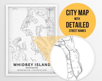 Printable Map Whidbey Island, Washington, USA with Street Names - Instant Download \ City Map \ Travel Gift \ Whitby Poster \ Road Map Print