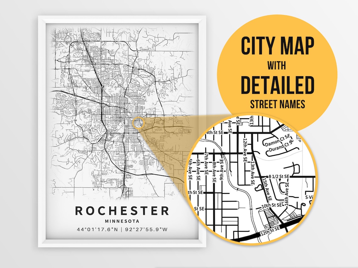 Rochester MN Map Print With Street Names Minnesota USA City Etsy