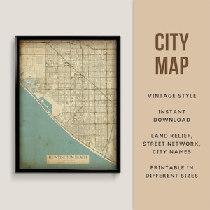 Carte de style vintage de Huntington Beach, Californie, États-Unis - téléchargement immédiat \ plan de la ville \ affiche de carte \ style antique \ impression de carte \ art mural
