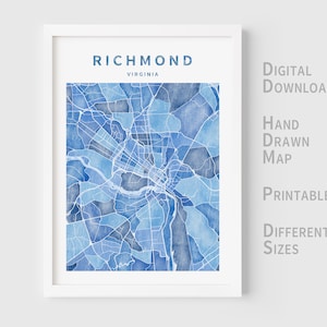 Druckbare Aquarell Karte von Richmond, Virginia, Usa - Sofort Download \ Stadt Karte \ Wandkunst \ Handgezeichnet