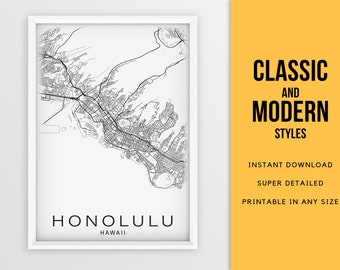 Druckbare Karte von Honolulu, Hawaii, USA - Sofort Download \ Stadtplan \ Geschenkidee \ Wandkunst