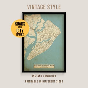 Hilton Head Island, South Carolina, vintage stijlkaart, afdrukbare kuststadposter (direct downloaden)