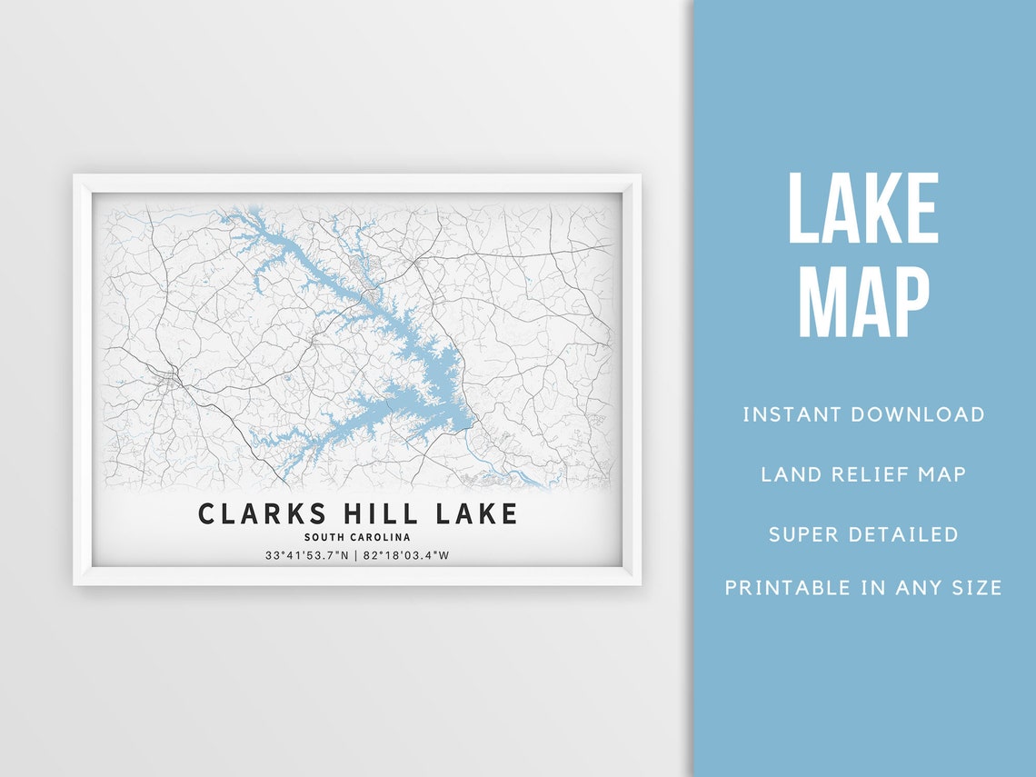 Printable Map of Clarks Hill Lake and South Carolina Etsy
