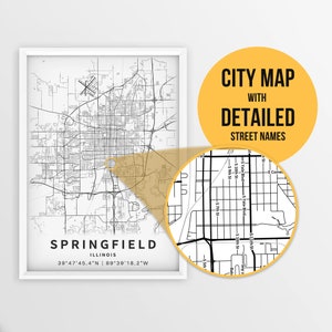 Carte imprimable de Springfield, Illinois, États-Unis avec noms de rues - Téléchargement instantané \ Plan de la ville \ Cadeau de voyage \ Affiche de la ville \ Impression de carte routière