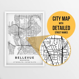 Afdrukbare kaart van Bellevue, Washington, VS met straatnamen - Instant Download \ Stadsplattegrond \ Reiscadeau \ Stadsposter \ Routekaart afdrukken
