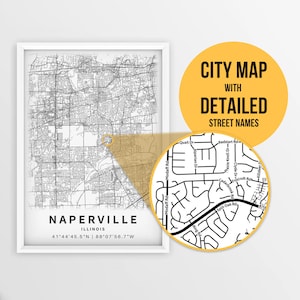 Druckbare Karte von Naperville, Illinois, USA mit Straßennamen - Sofort Download \ City Map \ Travel Gift \ City Poster \ Road Map Print