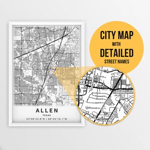 Printable Map of Allen, Texas, USA with street names - Instant Download \ City Map \ Travel Gift \ City Poster \ Road Map Print