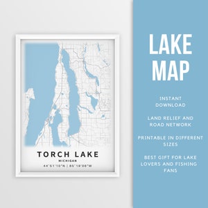 Mapa imprimible de Torch Lake, Michigan, EE. UU. - Descarga instantánea \ Mapa del lago \ Cartel del mapa \ Decoración de la casa del lago \ LakeLife \ Pesca \ Paseos en bote