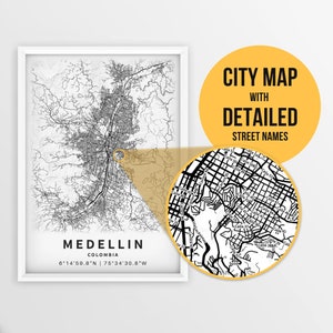 Afdrukbare kaart van Medellín, Colombia met straatnamen - Instant Download \ Stadsplattegrond \ Reiscadeau \ Stadsposter \ Routekaart afdrukken \ Muurkunst