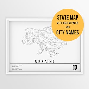 Carte imprimable de l'Ukraine avec les noms des villes et des routes - Téléchargement immédiat \ Carte du pays \ Art de la carte \ Carte à épingles \ Travel Planner \ Ukraine Gift