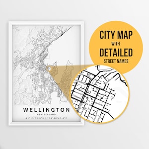 Mapa para impressão de Wellington, Nova Zelândia com nomes de ruas - Download instantâneo \ Mapa da cidade \ Presente de viagem \ Cartaz da cidade \ Impressão de mapa de estradas