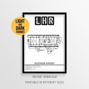 Póster del Aeropuerto de Londres-Heathrow, mapa de pistas del LHR, póster de viaje a Inglaterra (descarga instantánea)