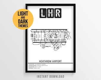 Póster del Aeropuerto de Londres-Heathrow, mapa de pistas del LHR, póster de viaje a Inglaterra (descarga instantánea)