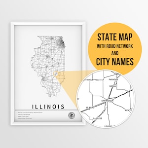 Mappa stampabile dell'Illinois con nomi di città e strade - Download istantaneo \ Mappa dello stato \ Grafica della mappa \ Mappa con puntine \ Pianificatore di viaggio \ Mappa dell'Illinois