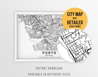 Porto Portugal Map with Street Names, Printable Porto City Poster (Instant Download)