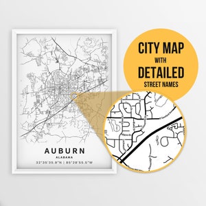 Carte imprimable d'Auburn, Alabama, États-Unis avec les noms de rue - téléchargement immédiat \ plan de la ville \ cadeau de voyage \ affiche de la ville \ impression de carte routière