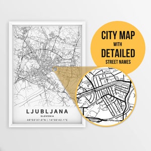 Printable Map of Ljubljana, Slovenia with Street Names - Instant Download \ City Map \ Travel Gift \ City Poster \ Road Map Print \ Wall Art