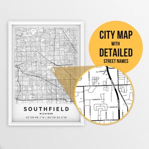 Printable Map of Southfield, Michigan, USA with Street Names - Instant Download \ City Map \ Travel Gift \ City Poster \ Road Map Print