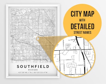 Printable Map of Southfield, Michigan, USA with Street Names - Instant Download \ City Map \ Travel Gift \ City Poster \ Road Map Print